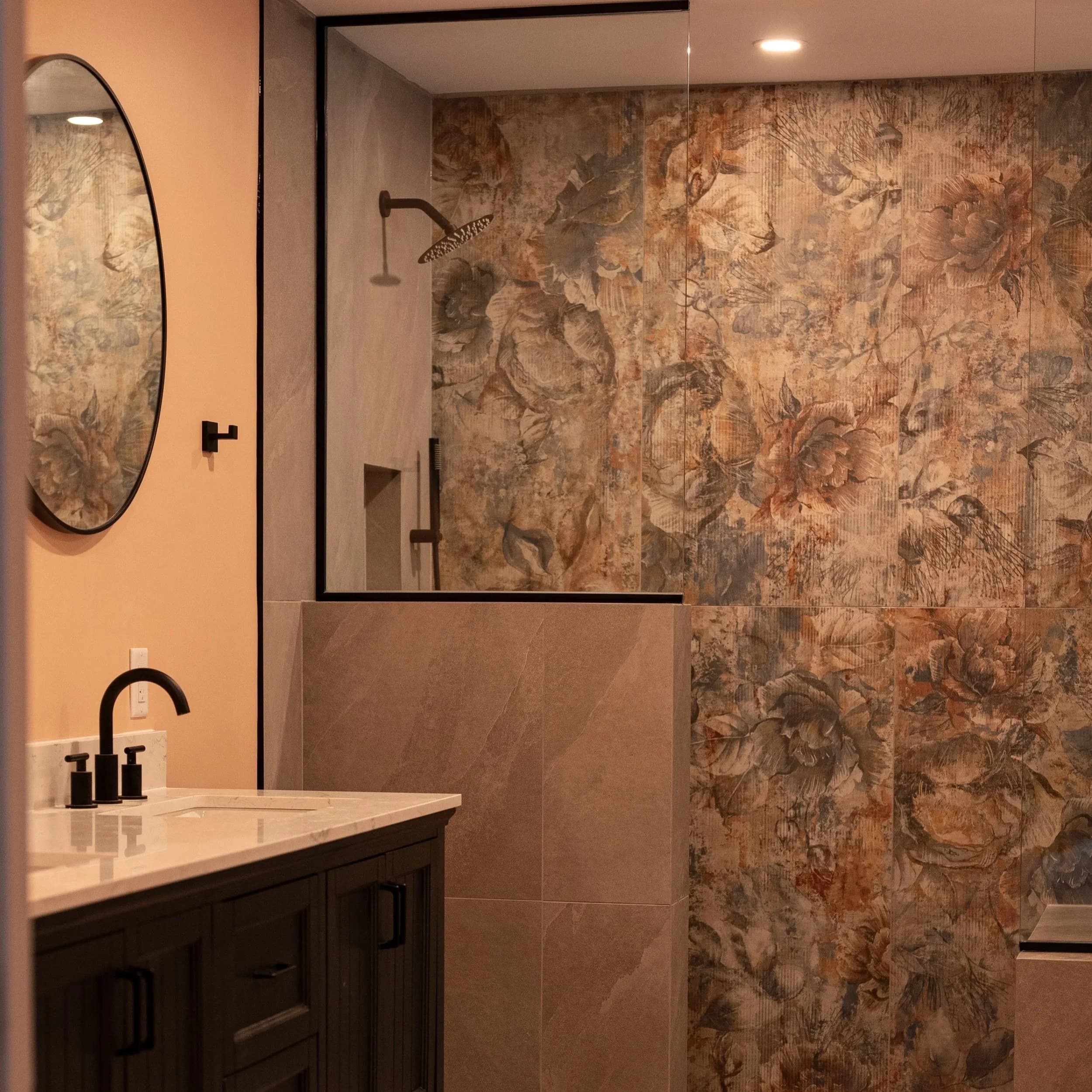 Master bathroom, sink view with watercolor feature tile wall.